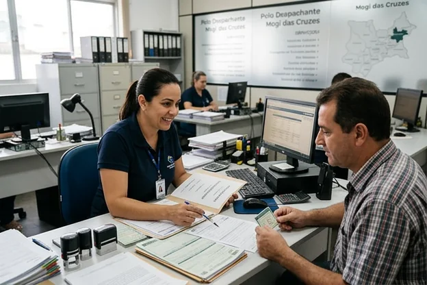 Despachante explicando serviços a cliente em Mogi das Cruzes.