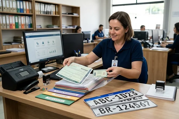 Documentos organizados para emplacamento de veículo em Mogi das Cruzes.