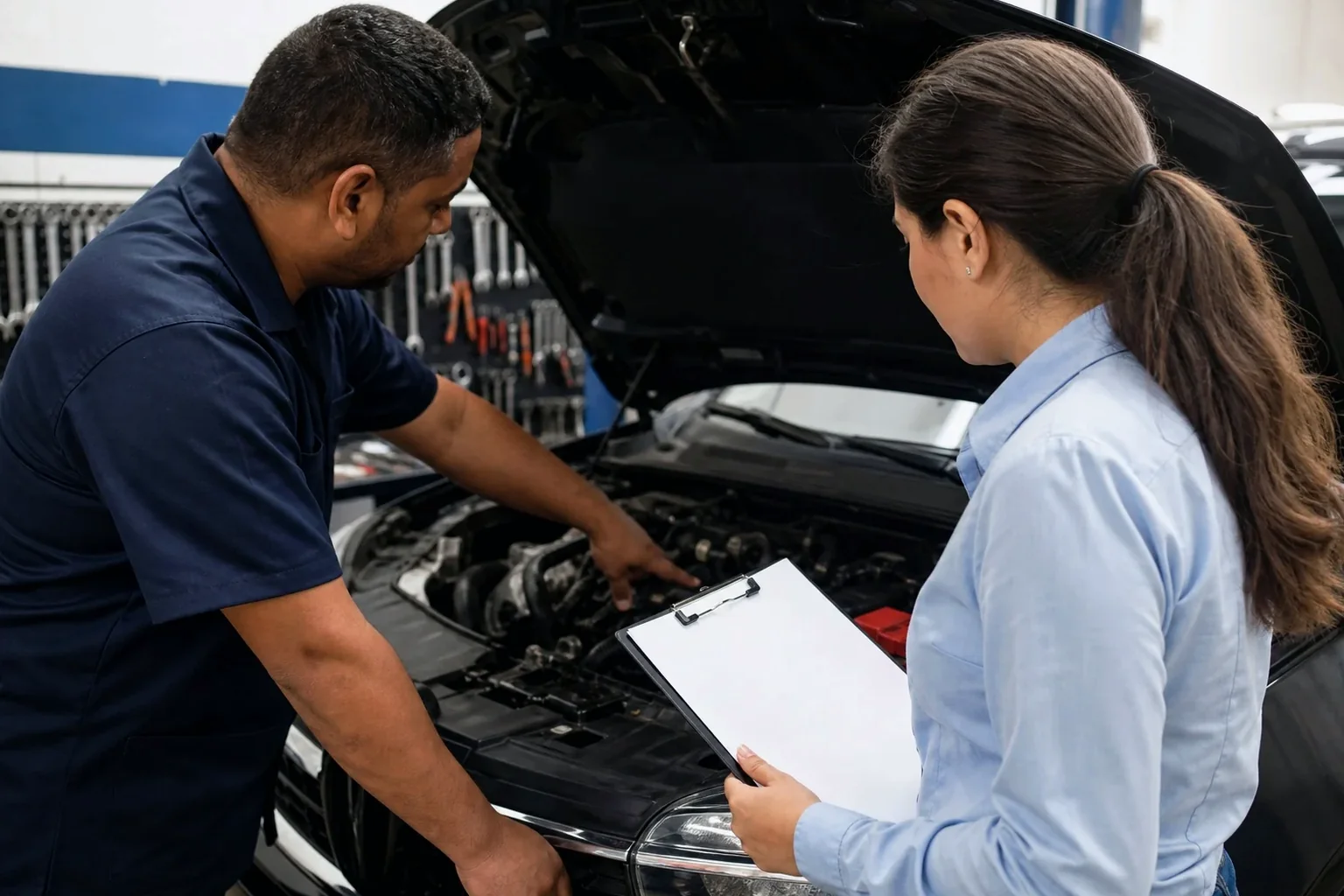 Equipe de despachantes cadastrando o motor de um carro em Mogi das Cruzes.